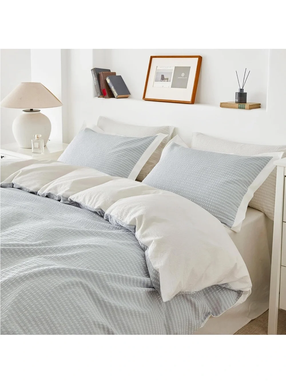 NEW SUSYBAO Seersucker 100% CottonDuvet Cover Set, 3 Pcs Blue White